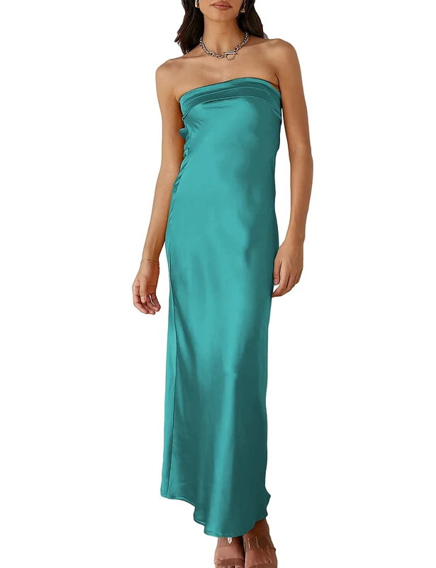 Realtix Satin Silk Backless Tube Tops Maxi Dress for Women Low Back Hollow Out Elegant Strapless Long Dresses Wedding Guest, Aqua, M