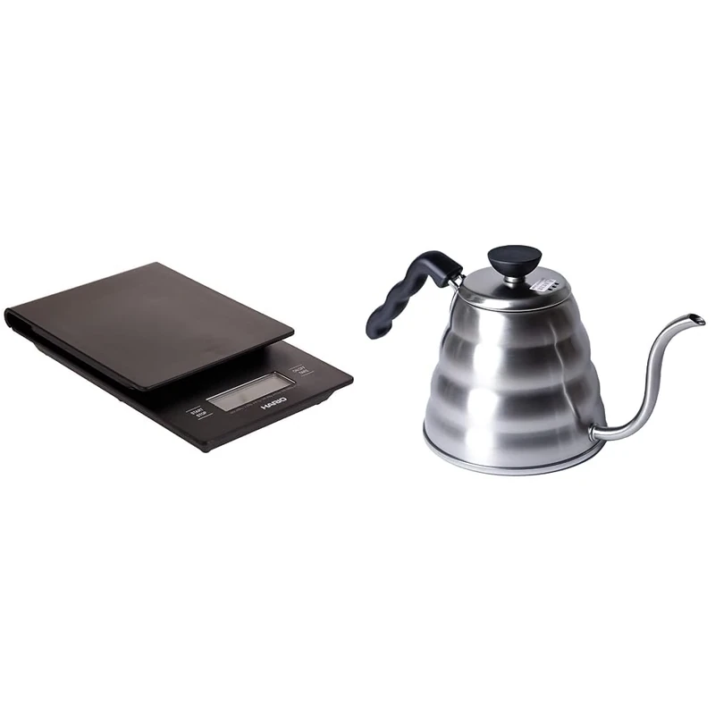 Hario VST-2000B 1-Piece Coffee Drip Scale/Timer & VKB-120HSV V60 Buono Drip Large Stovetop Stainless-Steel Gooseneck Pour-Over Kettle, 1.2 Litre, Aluminium, Stainless Steel - Image 1