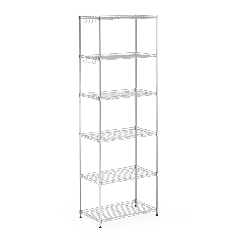 Mondeer Metal Shelving Units, 6 Tiers Kitchen Storage Shelf with 8 Hooks, Height Adjustable, for Bathroom Living Room Balcony, Silver