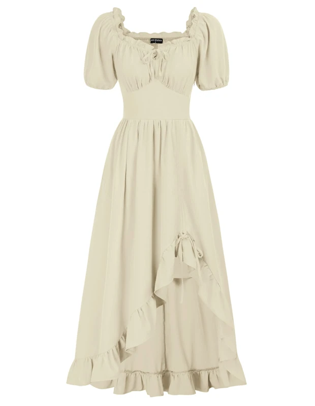 SCARLET DARKNESS Women's Beige XL Renaissance Dress with Pockets, Corset, Sweetheart Neck, High Waist, Long, Solid, Short Sleeve, Spring/Summer, Adult, Women, Dress