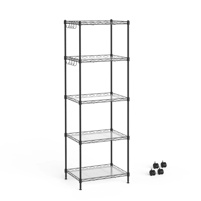 Mondeer Metal Shelving Units, 5 Tiers Kitchen Storage Shelf with 4 Wheels and 8 Hooks, Height Adjustable with PP Partitions, for Bathroom Living Room Balcony, Black