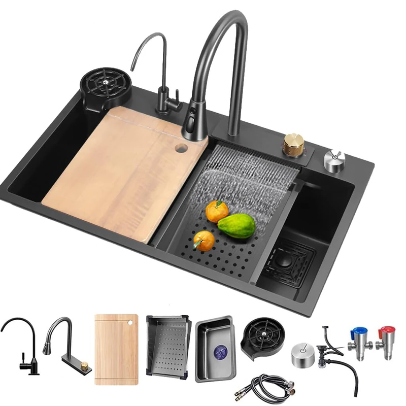ARTLINE Black Single Bowl Kitchen Sink, Stainless Steel Waterfall Sink, Bar Sink with Cup Washer Sinks, Drop-in/Undermount Farmhouse Workstation Sink with Multiple Accessories (26.8 x 17.7in)