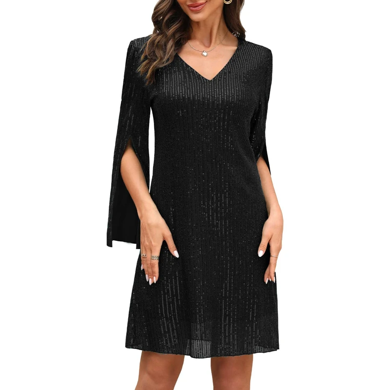 COOAN Wedding Guest Dresses for Women Women's Cocktail Dresses Formal Dresses for Women Lace Sequin Prom Dress, Black12-2, L