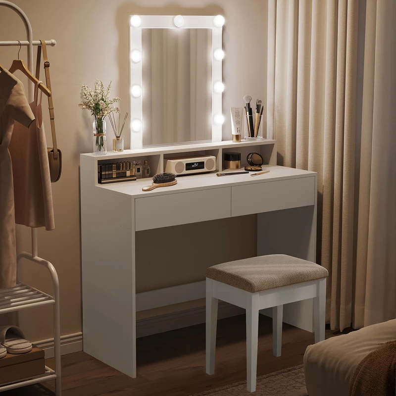 VASAGLE KAILYN Collection - Dressing Table with Large Mirror, LED Light with Adjustable Brightness, Vanity Table with 2 Drawers and 3 Compartments, White RDT694W01
