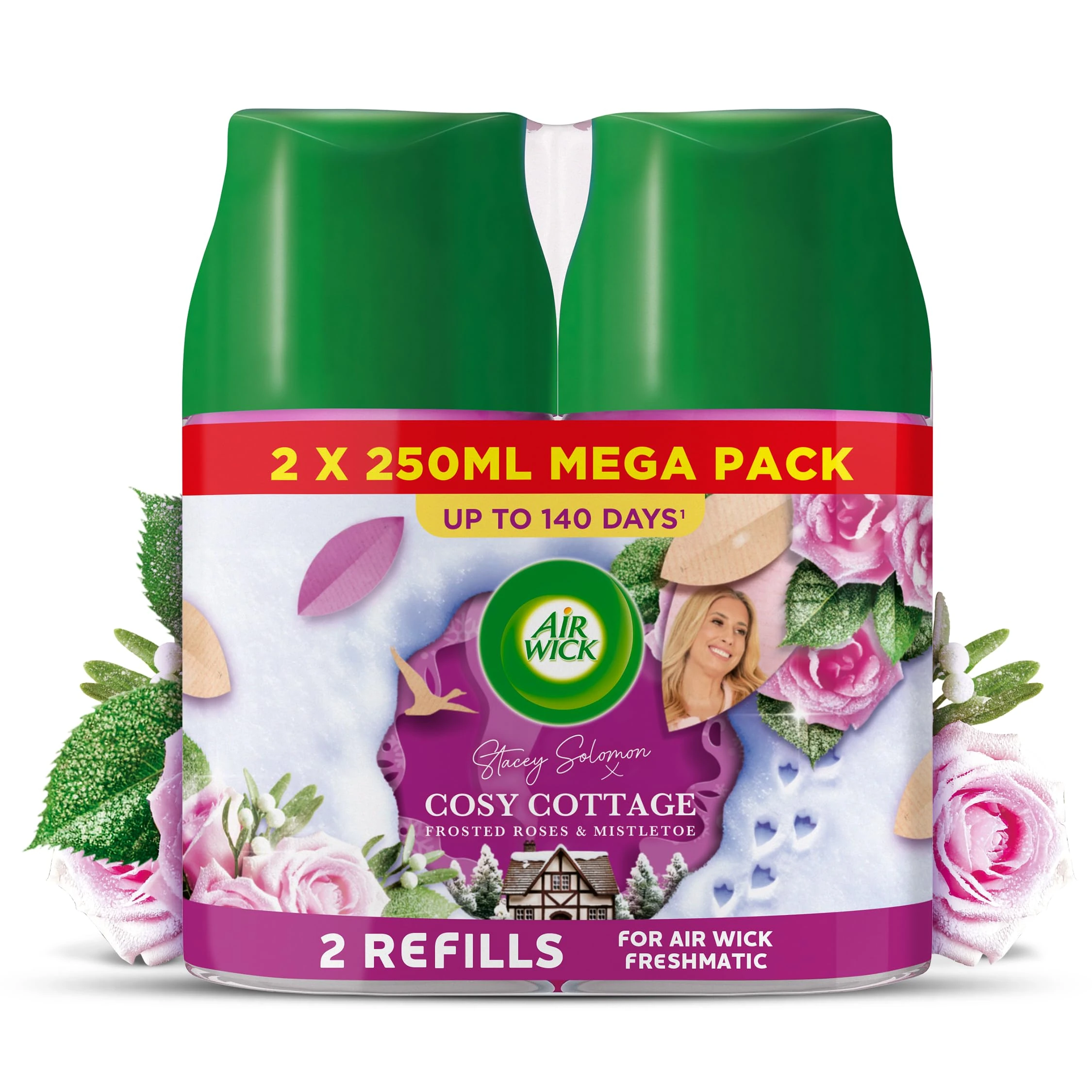 Air Wick Cosy Cottage Frosted Roses & Snowberry|Freshmatic Max Twin Refill |2 x 250ml |Pack of 1 | Infused with Natural Essential Oils