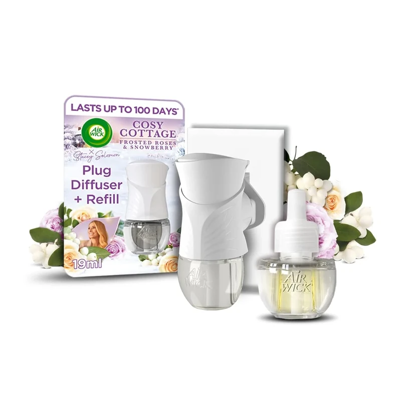 Air Wick Plug in Diffuser Kit, Cosy Cottage Frosted Roses & Snowberry, 1 Device & 1 Refill (19ml), Long Lasting Fragrance, Lasts up to 100 days, Plug in Air freshener