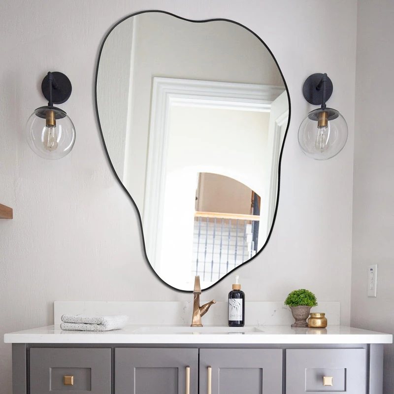 POZINO Asymmetrical Black Irregular Mirror, Modern Unique Shaped Cloud Mirror for Living Room, Bathroom, Bedroom, Entryway Home Decor, 30"x20.5"