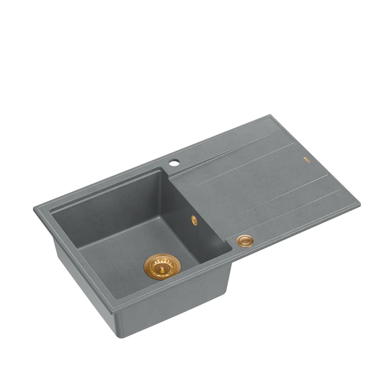 QUADRON Evan 111 Single Bowl Kitchen Sink with Manual Siphon and Draining Board Size 86 x 50 x 21 cm Grey & Copper