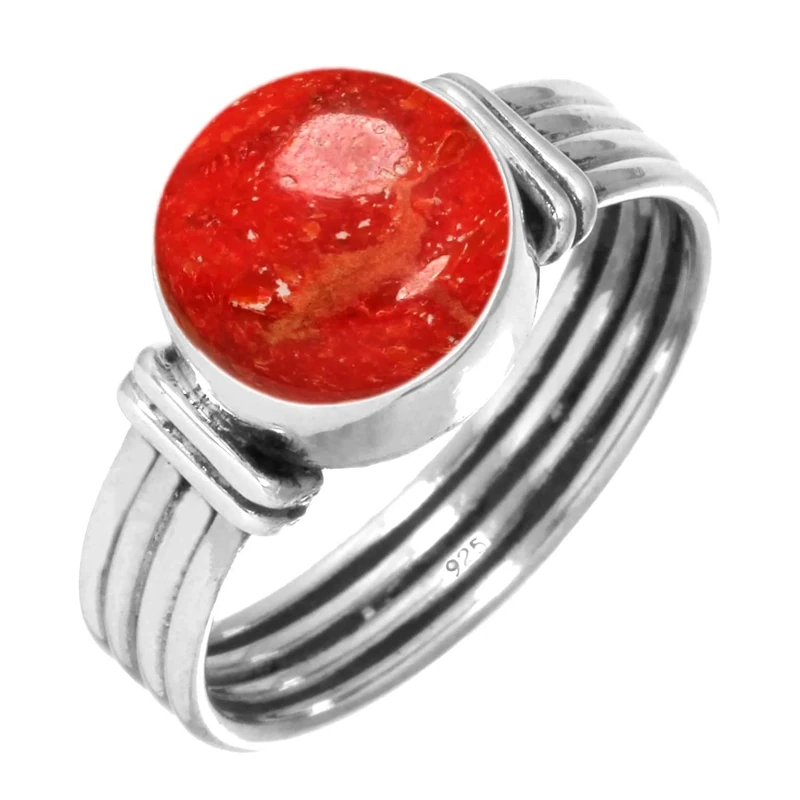 Jeweloporium Red Sponge Coral Silver Ring Size J, 925 Sterling Silver Ring for Women, Genuine Round Stone Boho Jewellery
