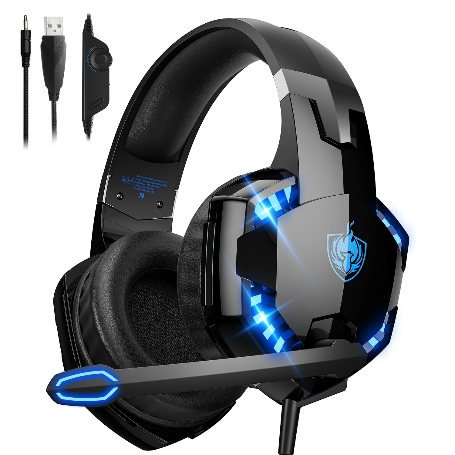 PHOINIKAS Gaming Headset for PS4/PS5/XBox One/Switch/PC/Laptop, 50mm Driver, 2.1M Cable Length, Adjustable Noise Canceling Microphone, LED Light
