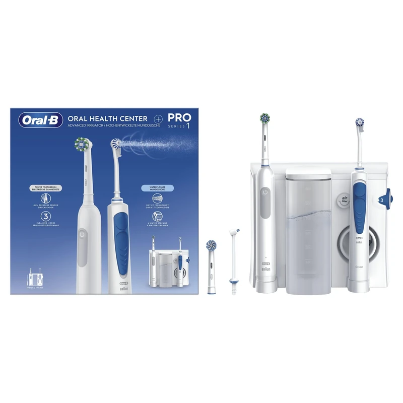 Oral-B Oral Health Centre Oral Irrigator with Oxyjet Technology for Teeth Cleaning, 2 Replacement Nozzles & PRO Series 1 Electric Toothbrush, 2 Replacement Brushes, 3 Modes for Dental Care, White