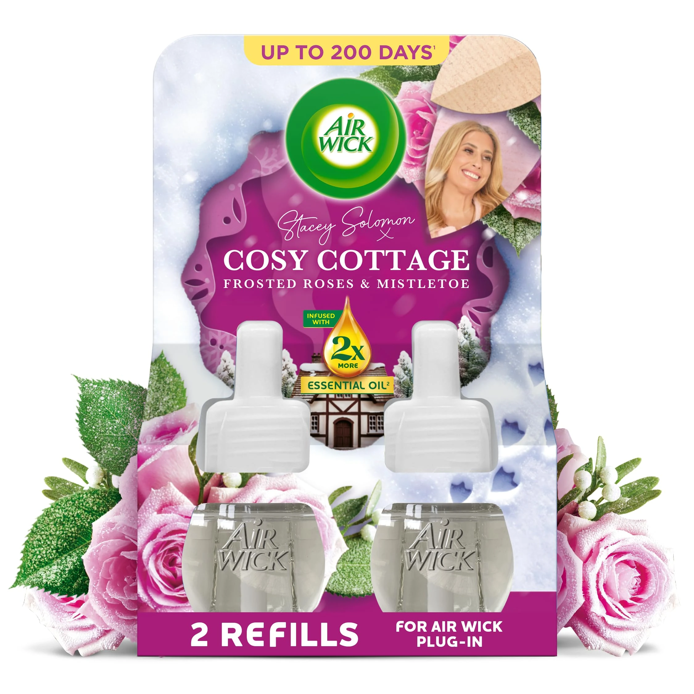 Air Wick Plug in Diffuser Twin Refill, Cosy Cottage Frosted Roses & Snowberry, Pack 1 x 19ml, Long Lasting Fragrance, Lasts up to 200 Days, Plug in Air freshener