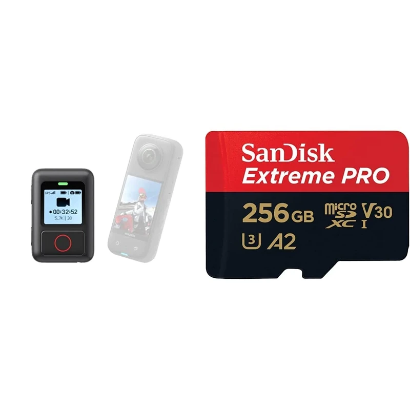 Insta360 GPS Action Remote for ONE X2, X3, RS, R - Real Time GPS Data & SanDisk 256GB Extreme PRO microSDXC Card + SD Adapter + RescuePRO Deluxe, Up to 200MB/s