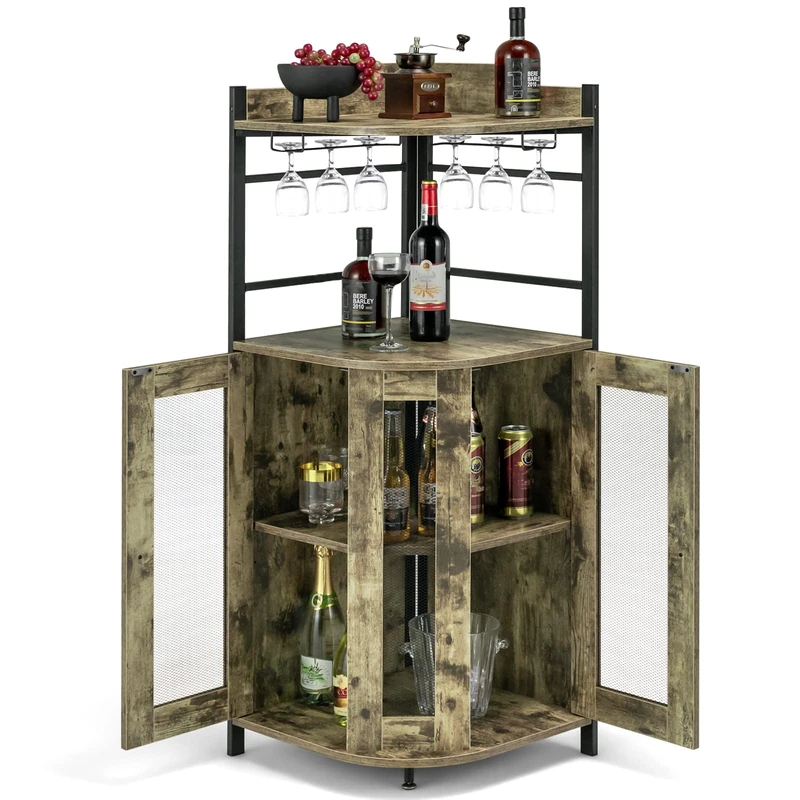 GiantexUK Corner Bar Cabinet, Industrial Wine Cabinet with Glass Holders, Adjustable Shelf & Mesh Doors, Anti-Slip Storage Display Rack for Kitchen Dining Living Room(Oak Grey)