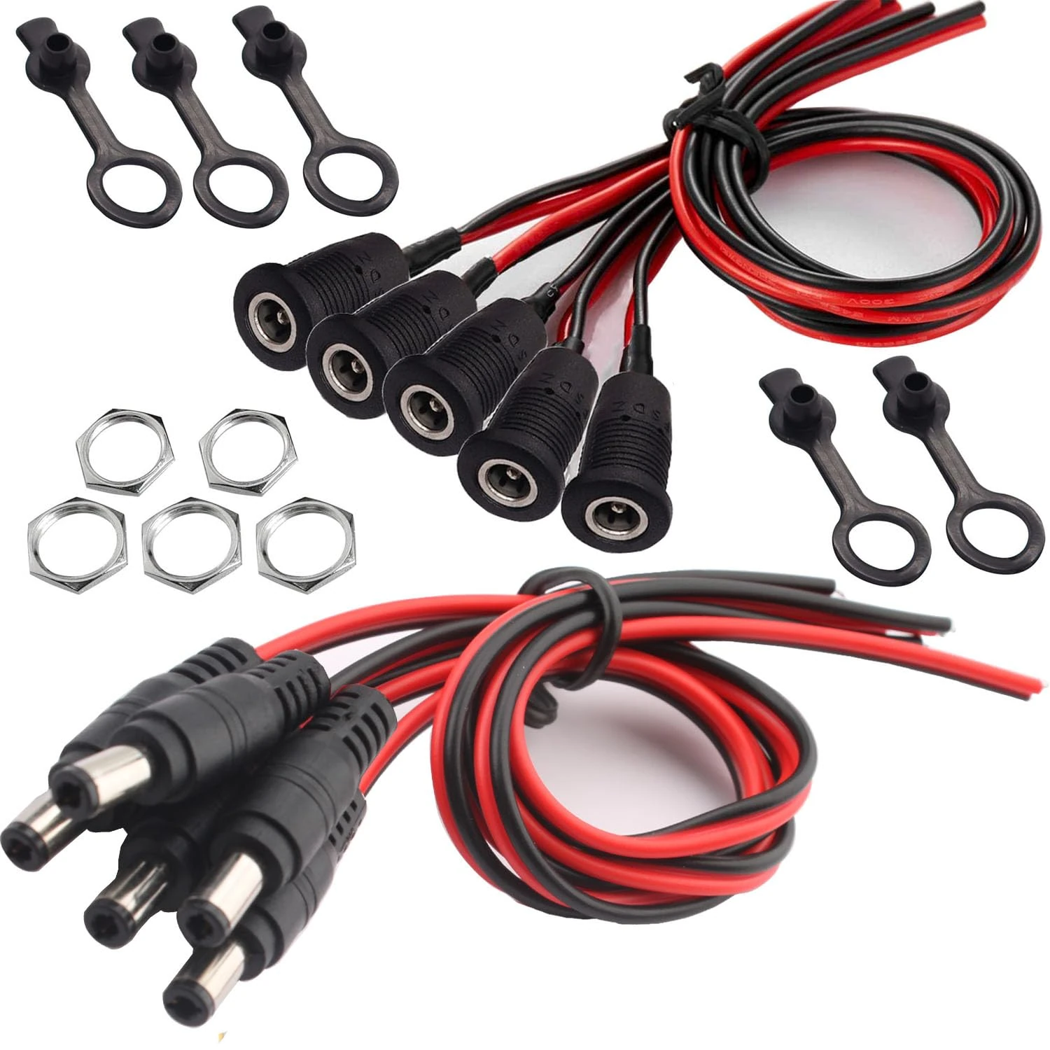 RUNCCI-YUN 5.5 x 2.5 mm 18AWG 12V 5A DC Power Jack Socket Threaded Female Panel Mount Connector Adapter with Dustproof Plug 5Pack