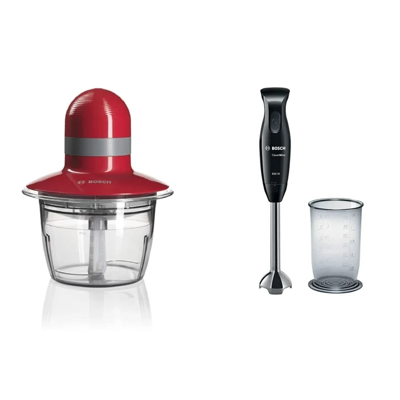 Bosch MMR08R1GB Mini Chopper, 400 W, 0.8 Litre - Red & CleverMixx MSM2610BGB Hand Blender, 600 W - Black & Anthracite