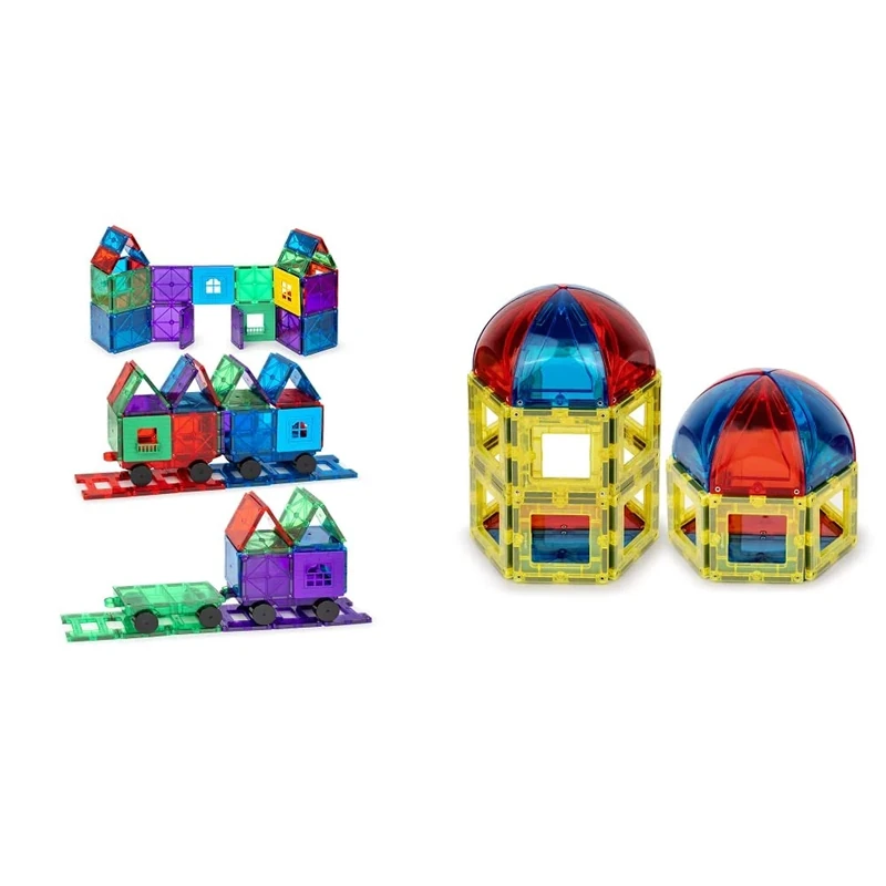 Playmags 50 Pc Magnetic Building Tiles Set for Kids - 3D Magnetic Building Blocks & 28 Pc Dome Set with 4 Cars