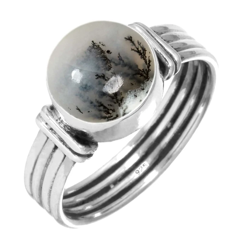 Jeweloporium Gray Dendritic Opal Silver Ring Size M 1/2, 925 Sterling Silver Ring for Women, Genuine Round Stone Boho Jewellery