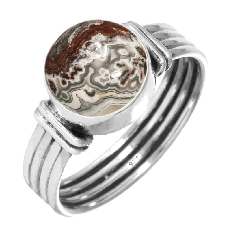 Jeweloporium Multicolor Crazy Lace Agate Silver Ring Size N, 925 Sterling Silver Ring for Women, Genuine Round Gemstone Boho Jewellery