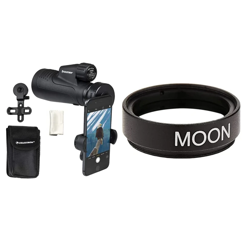 Celestron 72370 10x50mm Outland X Monocular with Smartphone Adapter & 94119-A 1.25 Inch Moon Filter, Black