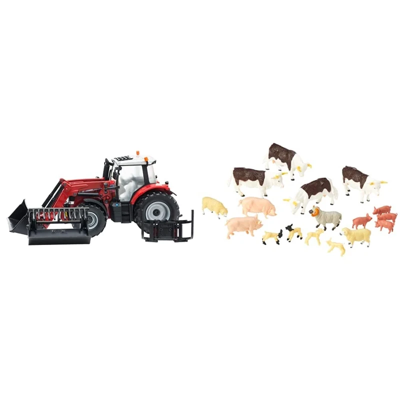 Britains 1:32 Massey Ferguson 6616 Tractor with Front Loader, Farm Set Toy Tractors for Children, 43082A1 & 1:32 Mixed Animal Value Pack Farm Playset, 43096