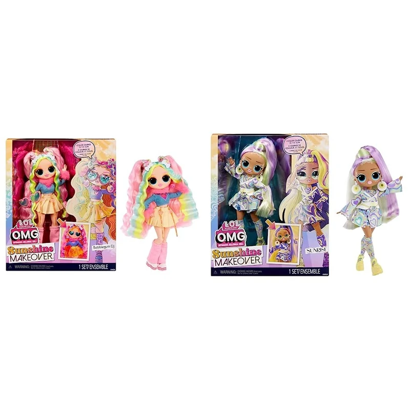 LOL Surprise OMG Sunshine Makeover Fashion Doll - SUNRISE - UV Colour Change in the Sun & LOL Surprise OMG Sunshine Makeover Fashion Doll - BUBBLEGUM DJ - Includes UV Colour Change in the Sun