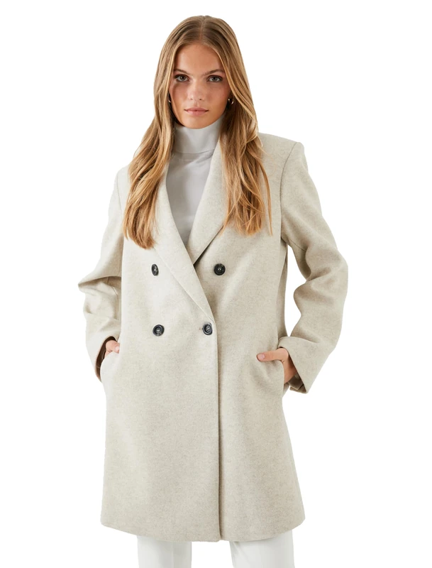 Koton Women's Envelope Long Sleeve Buttoned Pocket Detail Coat, Mink Melange(987), 36