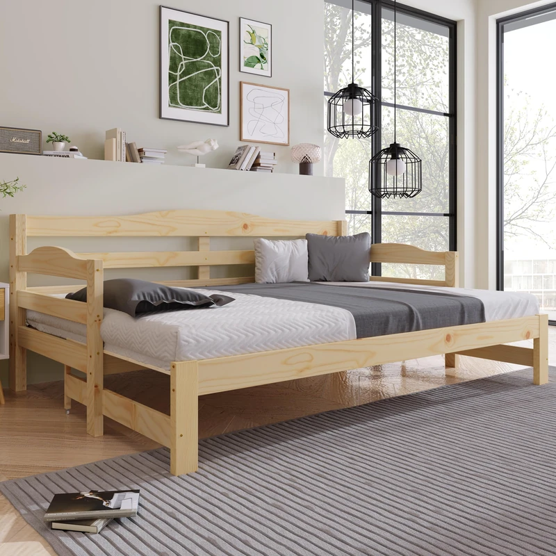 Merax Daybed,Cabin Bed,SIngle Guest Bed Sofa Bed,Versatile Daybed with Pull-Out Trundle - Perfect for Living Room and Bedroom - (3 FT) 90 x 190 cm -Natural