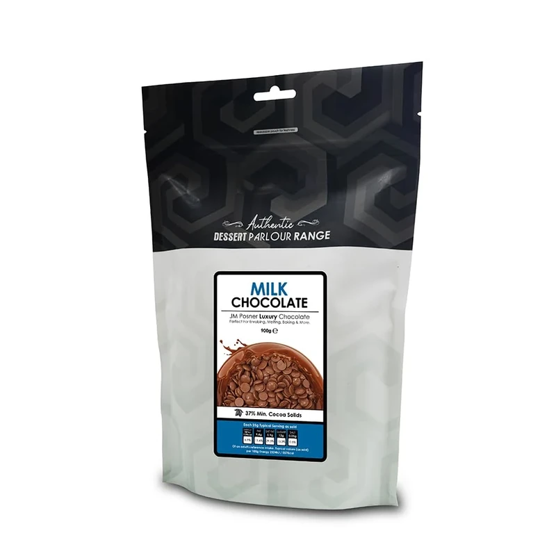 JM Posner Milk Chocolate for Baking, Chocolate Fountains, High Cocoa Butter Content, No Oil Required, Semi-Sweet, Vegetarian, Rainforest Sourced, 900g
