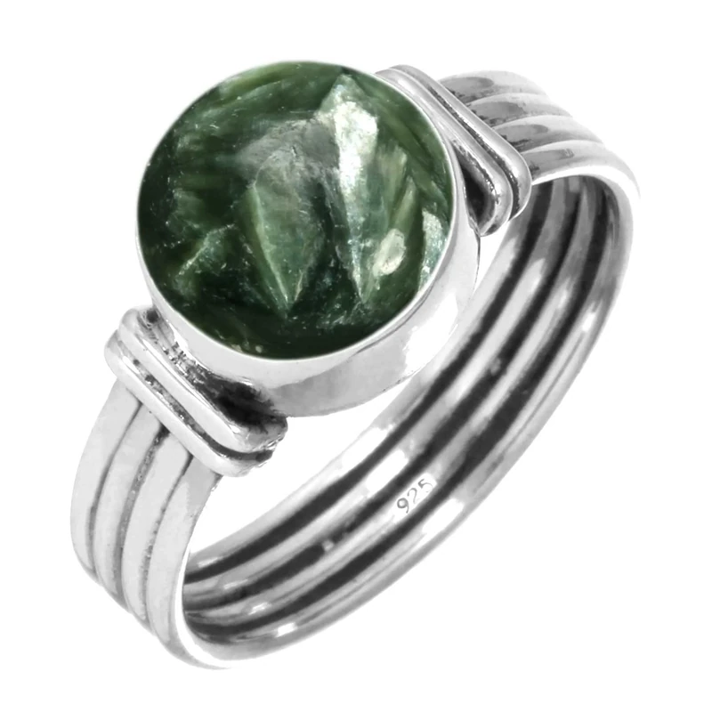 Jeweloporium Green Russian Seraphinite Silver Ring Size O, 925 Sterling Silver Ring for Women, Real Round Stone Boho Jewellery