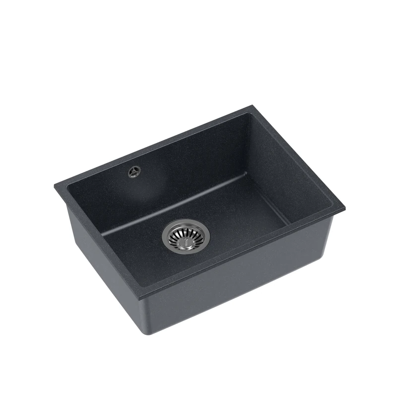 QUADRON ALEC 50 Single Bowl Granite Kitchen Sink, Size 40 x 53.5 x 20.5 cm, Colour: Black & Steel, ALEC 50 Single Bowl Kitchen Sink, Granite Sink, with Manual Siphon