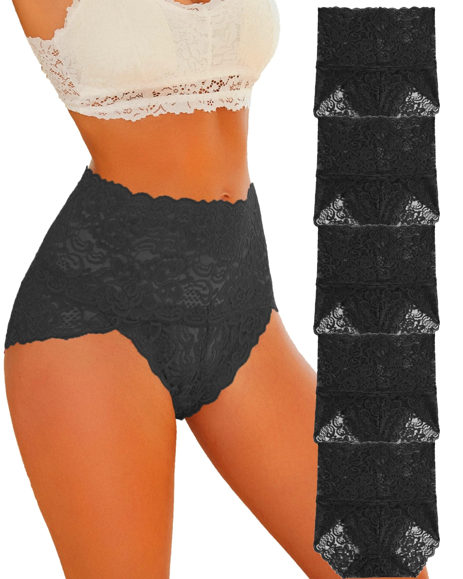 FINETOO 5 Lace Underwear, Women's High Waisted Briefs Set, High Waist Underpants, Sexy Hipster, Soft Briefs, Comfortable Underwear, Women, Seamless Lace, Multipack, S-XXL