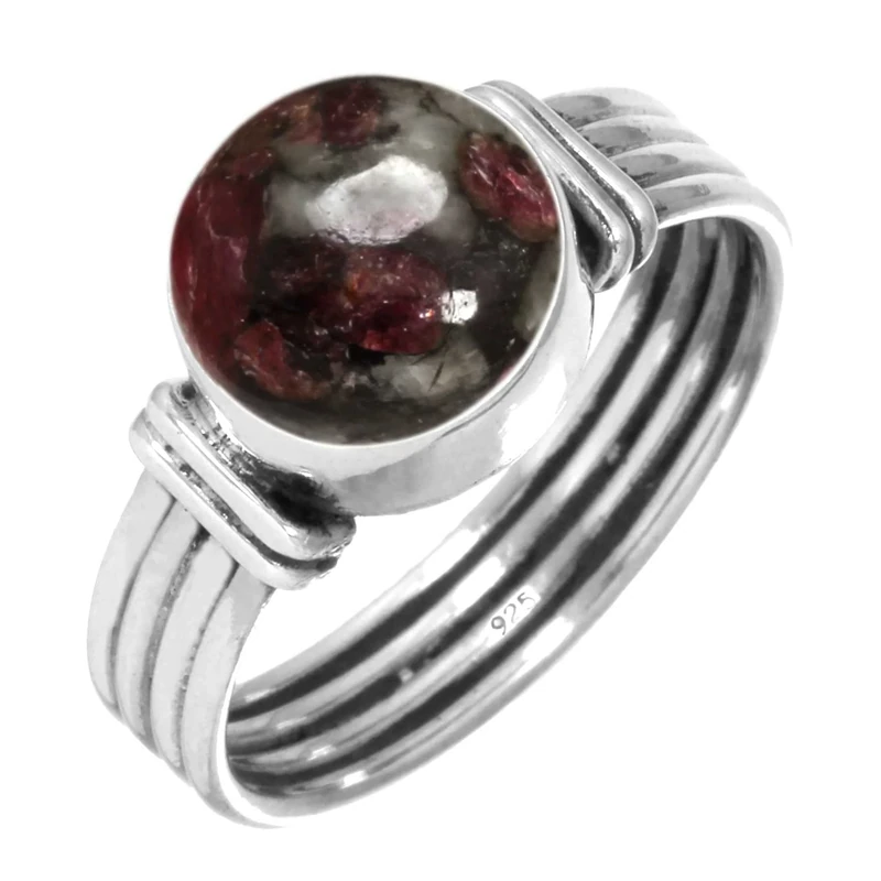 Jeweloporium Red Eudialyte Silver Ring Size R, 925 Sterling Silver Ring for Women, Natural Round Gemstone Handmade Jewellery