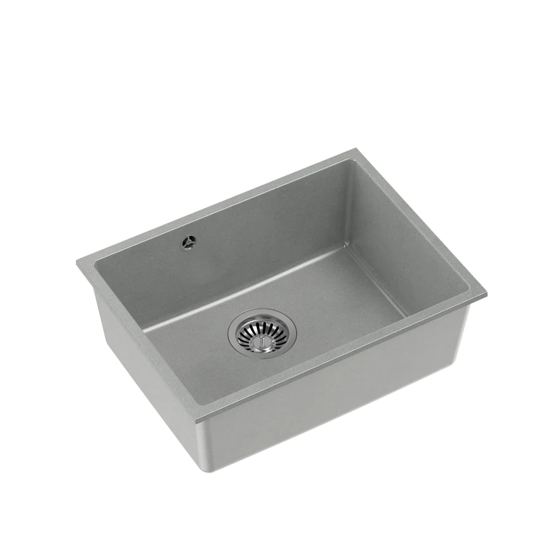 QUADRON ALEC 50 Granite Sink, Dimensions: 53.5 x 40 x 20.5 cm, 1-Chamber Undermount Sink, Cabinet Base Made of 60 cm (Grey + Steel)