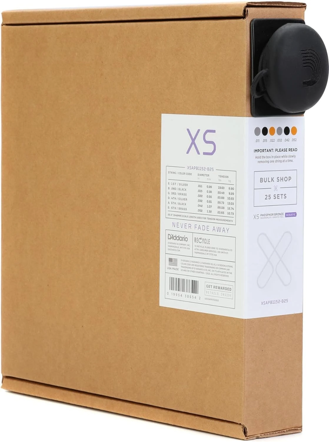 D'Addario Guitar Strings - XS Phosphor Bronze Coated Acoustic Guitar Strings - XSAPB1152-B25 - Maximum Life with Smooth Feel & Exceptional Tone - For 6 String Guitars - 11-52 Custom Light, 25 Pack