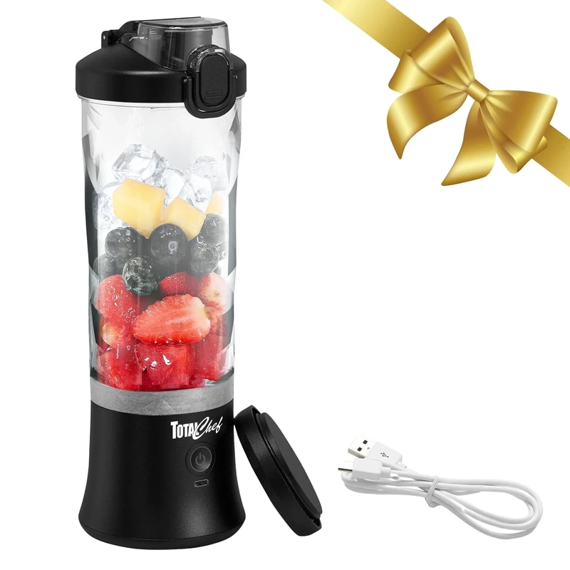 Total Chef Portable Mini Blender Cordless Personal Smoothie Maker 600ml Fruit Veggie Juicer Cup with Lid 6 Blades USB Rechargeable Ideal for Baby Food Gym Travel Sport On The Move Home Office Black