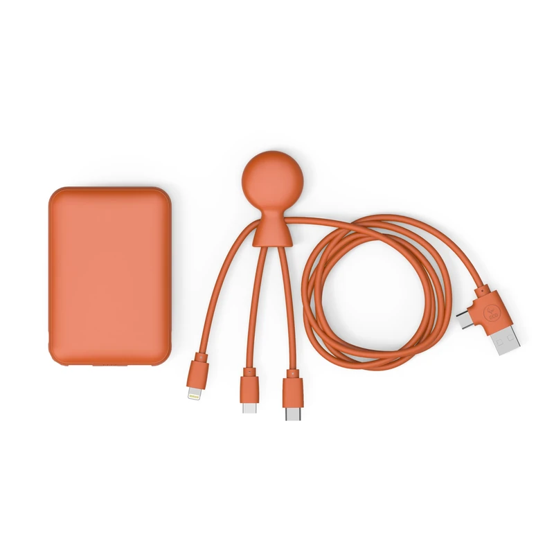 Xoopar External Battery 5000 mAh Recycled Plastic – 4 in 1 MultiUSB Cable: USB C, USB, Lightning and Micro USB and External Battery for Smartphone – Mr Bio Long Pack Orange