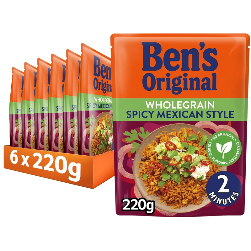 BEN'S ORIGINAL Wholegrain Brown Spicy Mexican Microwave Rice, Bulk Multipack 6 x 220g pouches
