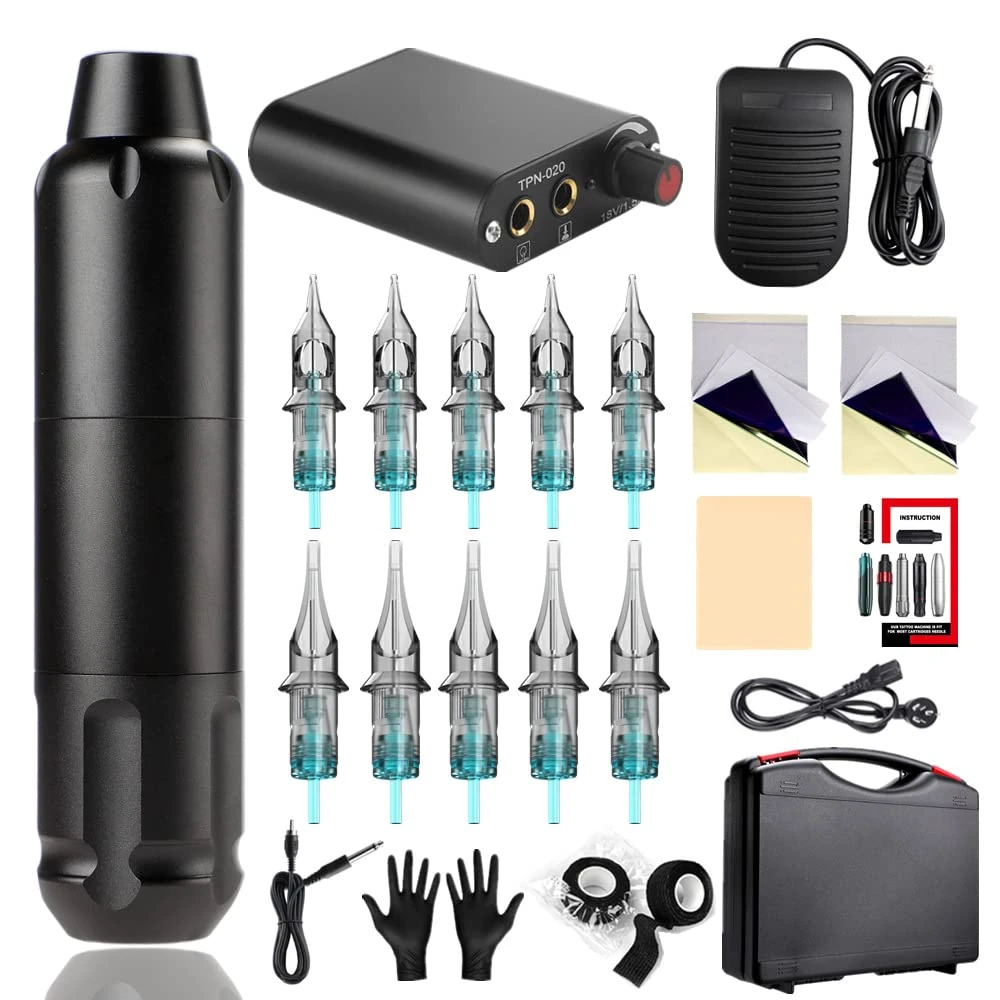 TTOOGO Tattoo Pen Kit - Rotary Tattoo Gun Machine with Tattoo Power Supply 10 Pcs Mix Tattoo Needles Tattoo Foot Pedal Transfer Paper for Liner Shader,black