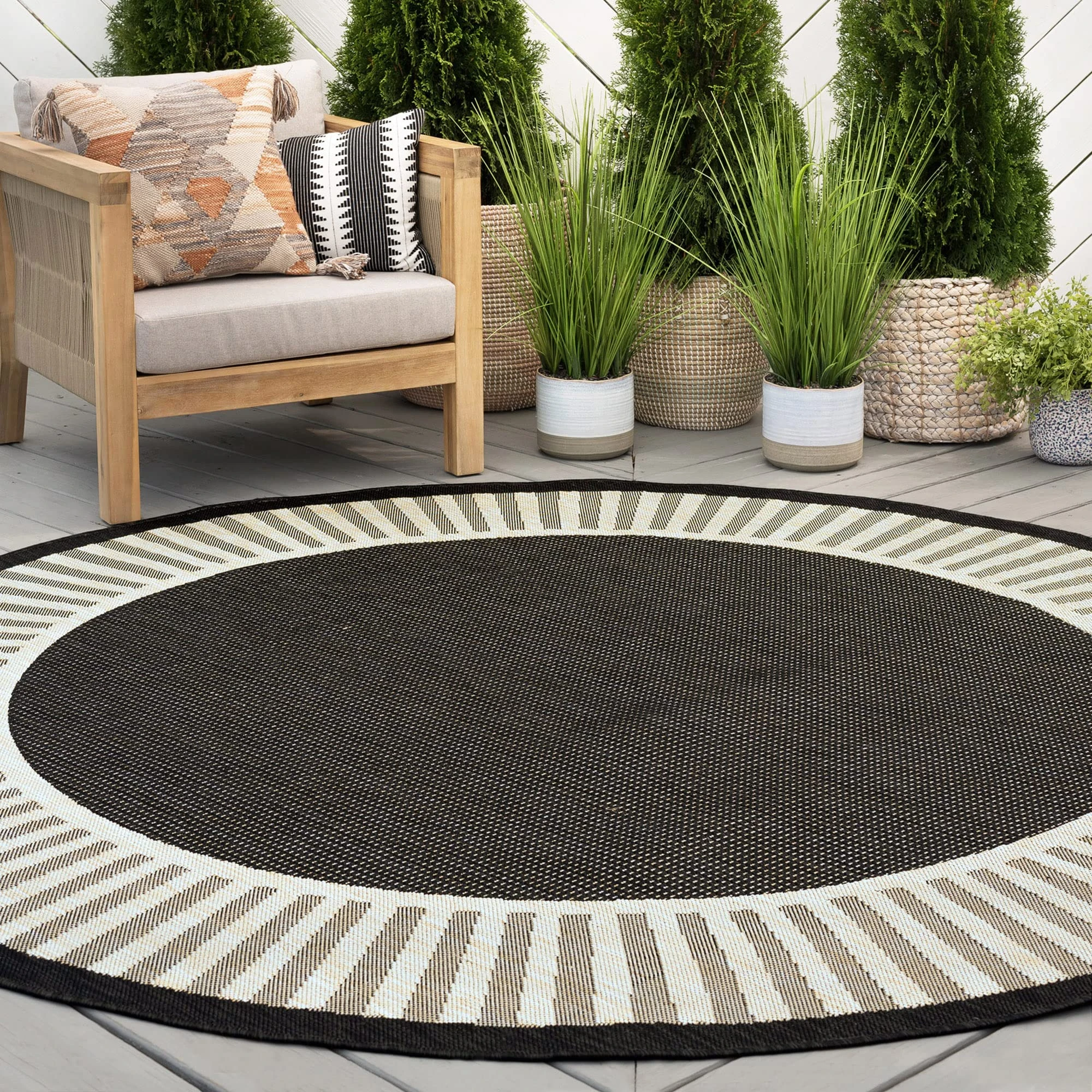 Balck Water Resistant Jute 5'3'' (Approx. 6ft) Round Outdoor Rug for Patio - Indoor or Garden Deck Entry Porch Entryway Outside Waterproof Carpet Clearance, Alfombras para Exteriores