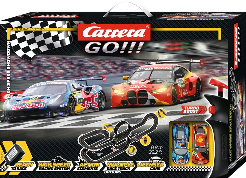 Carrera GO!!! 20062561UK DTM High Speed Showdown Metre Slot Car Racing Track for Children from 6 Years and Adults With UK Plug,1:43 Scale, 8.9 Metres, With BMW M4 GT3 & Ferrari 488 GT3 'Red Bull'