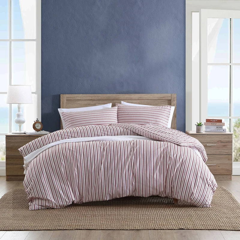 Nautica- Twin Duvet Cover, Cotton Reversible Bedding with Button Closure, Casual Home Décor for All Seasons (Coleridge Stripe Red, Twin)