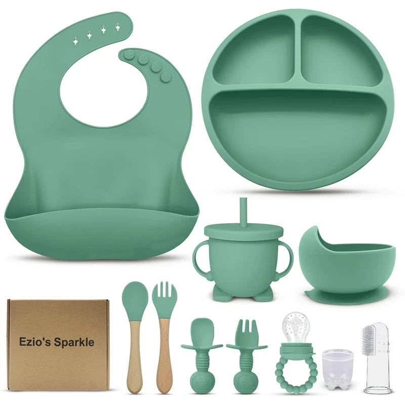 12-Piece Baby Weaning Set with Insulated Lunch Bag – BPA-Free Silicone Strong Suction Divided Plate, Bowl, Spoon, Fork, Bib w/Catcher–Microwave & Dishwasher Safe Baby Feeding Set-Baby Gifts - Green