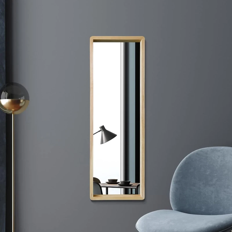 MirrorOutlet The Naturalis - Solid Oak Rounded Corners Modern Full Length Leaner Wall Mirror 47" X 15.7" (120CM X 40CM) 48m deep frame Premium Mirror Glass with Black Backing. Scandinavian Inspired!