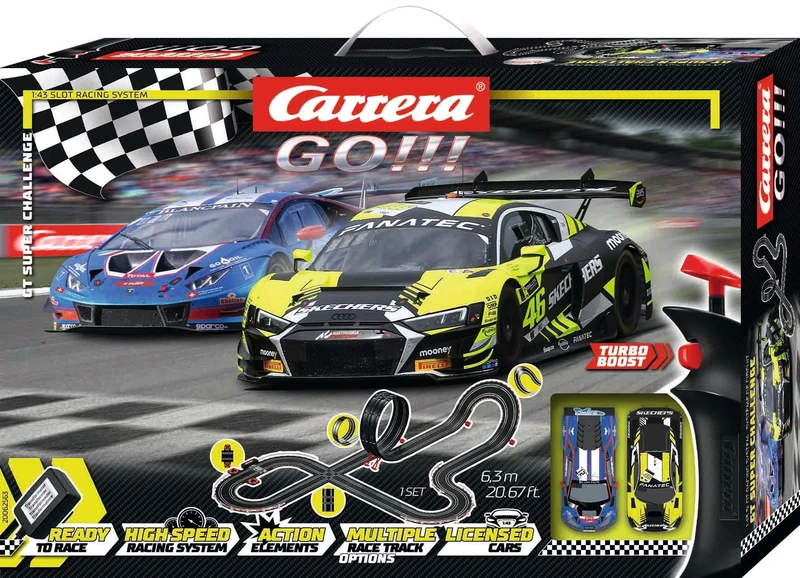 Carrera GO!!! 20062563UK GT Super Challenge Metre Slot Car Racing Track for Children from 6 Years and Adults With UK Plug,1:43 Scale, 6.3 Metres, With Audi R8 LMS GT3 evo II & Lamborghini Huracán GT3