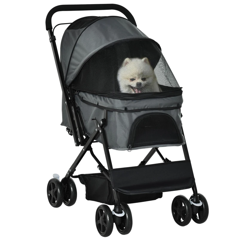 PawHut Foldable Pet Dog Stroller with 4 Wheels EVA Adjustable Handlebar Basket and Storage Pouch - 76.5 x 52 x 95 cm Grey