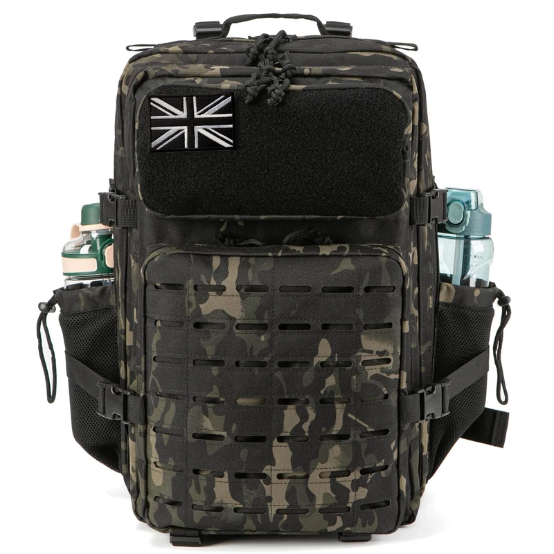 QT&QY Military Tactical Backpacks For Men Army Laser cut Molle Daypack 45L Large 3 Day Bug Out Bag Gym Rucksack With Dual Cup Holders Black Camo