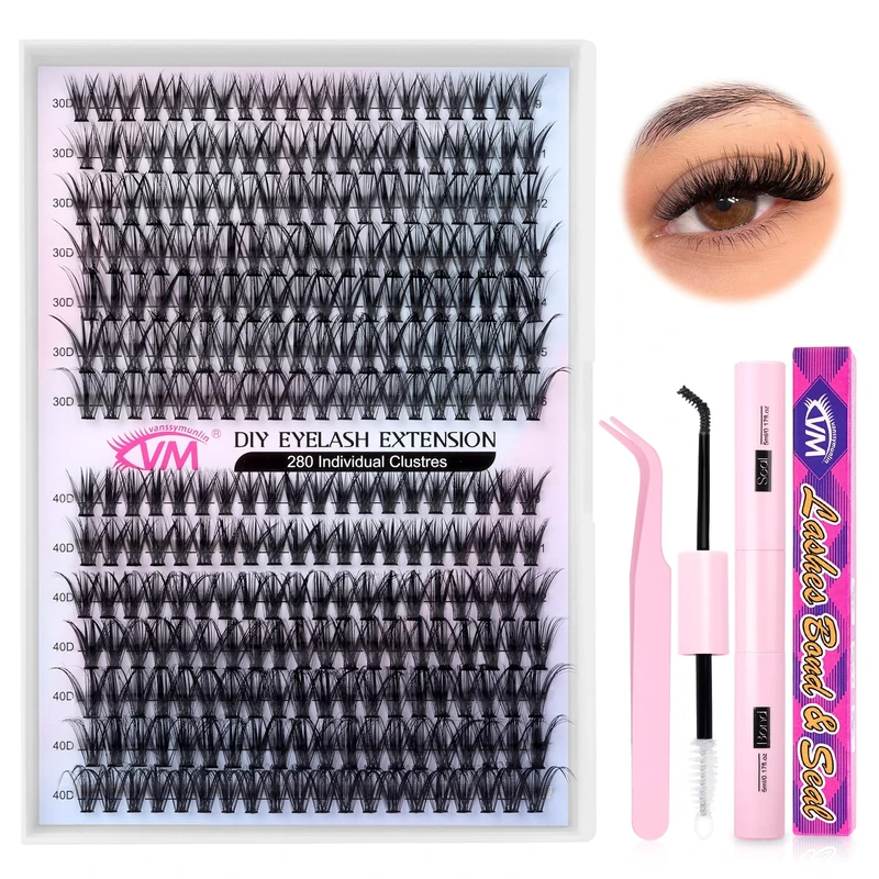 Lash Extension Kit 280Pcs Lash Clusters DIY Individual Lashes Eyelash Extension Kit D Curl Volume Cluster Lashes Wispy with Long Lasting Lash Bond and Seal and Lash Tweezers for Eyelash Extensions