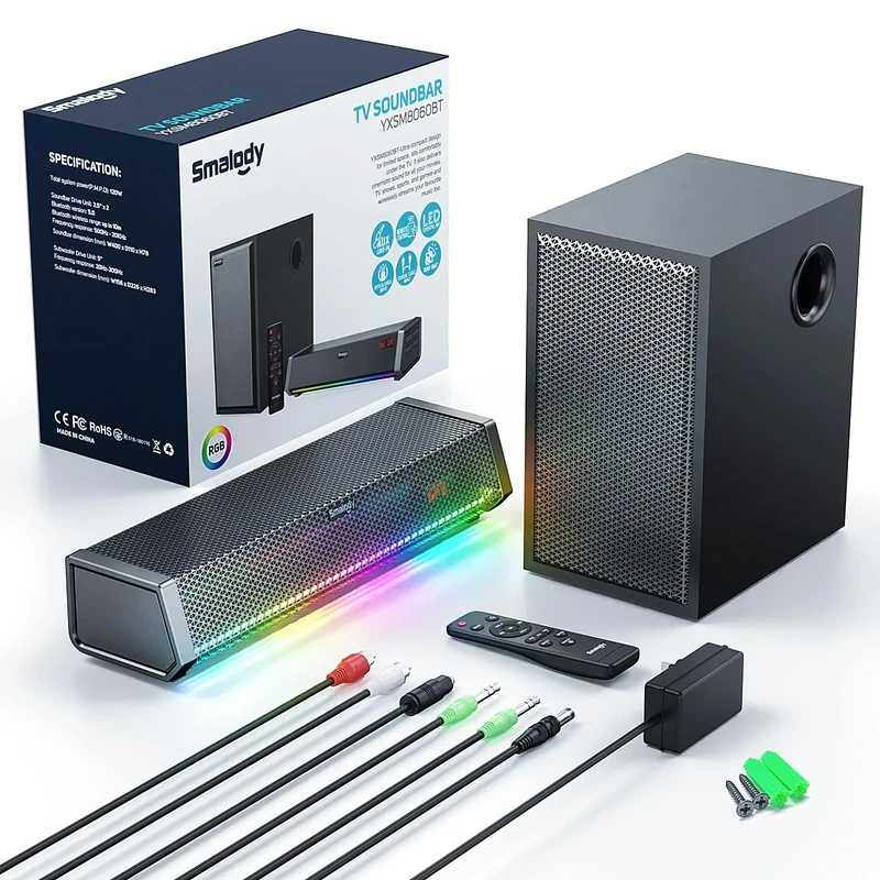 Smalody TV Speakers, Home Theater Speaker Wireless Audio Sound bar TV Speaker + Bass Subwoofer, Bluetooth Enabled/Optical/AUX/COAXIAL Inputs/Remote Control