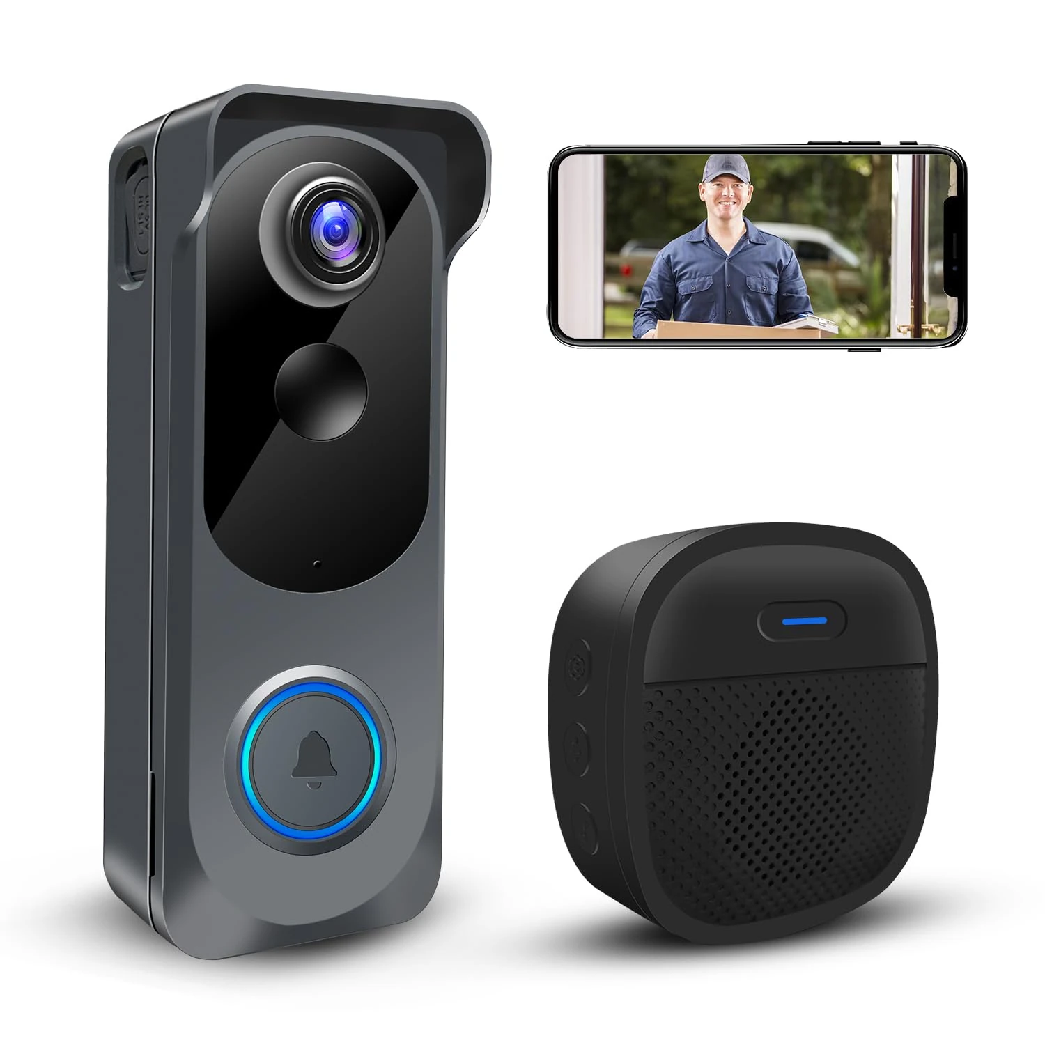 Wireless Video Doorbell Camera with Chime, Voice Changer/Message, PIR Motion Detection, Instant Alerts, 2-Way Audio, 2K HD, Night Vision, 2.4G WiFi, IP66, Battery Powered, Works with Alexa